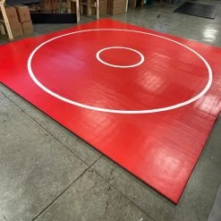 AK Athletic Equipment Martial Arts Clearance Wrestling 14' X 14' X 1 3/8" Roll-Up Mat Vinyl Flaw Red With White Circles