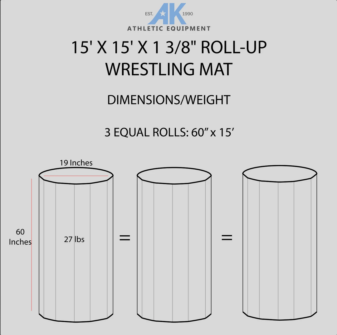 AK Athletic Equipment 15' x 15' x 1 3/8" Roll-Up Wrestling Mat - Durable & Non-Slip Surface for Training & Competitions 6 AK Athletic Equipment Wrestling Mats 15' X 15' X 1 3/8" Roll-Up Wrestling Mat