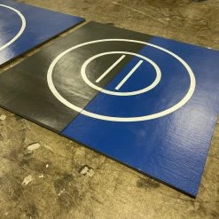 AK Athletic Equipment Martial Arts Clearance 8' X 8' X 1 3/8" Roll-Up Wrestling Mat Blue And Black With White Circles