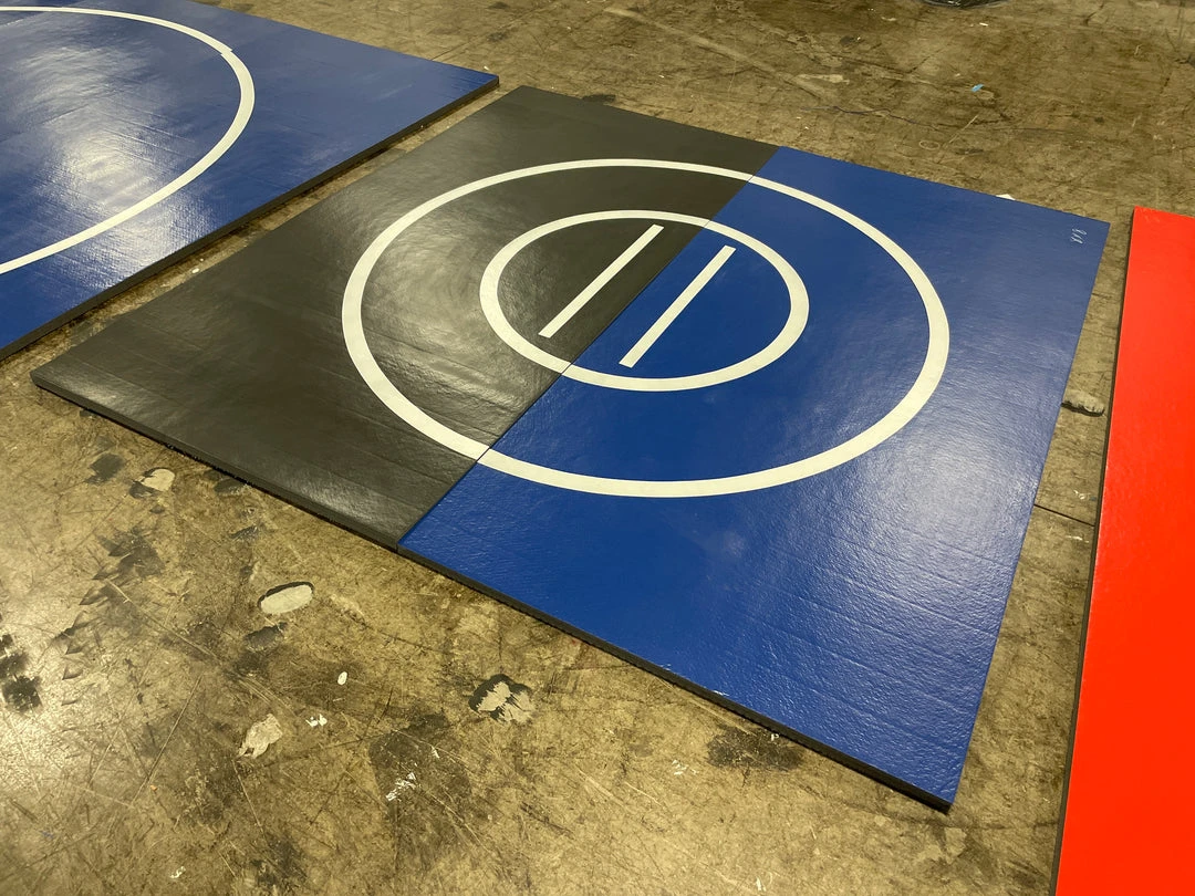 AK Athletic 8' x 8' Roll-Up Wrestling Mat - Blue & Black with White Circles | Martial Arts Clearance 1 AK Athletic Equipment Martial Arts Clearance 8' X 8' X 1 3/8" Roll-Up Wrestling Mat Blue And Black With White Circles