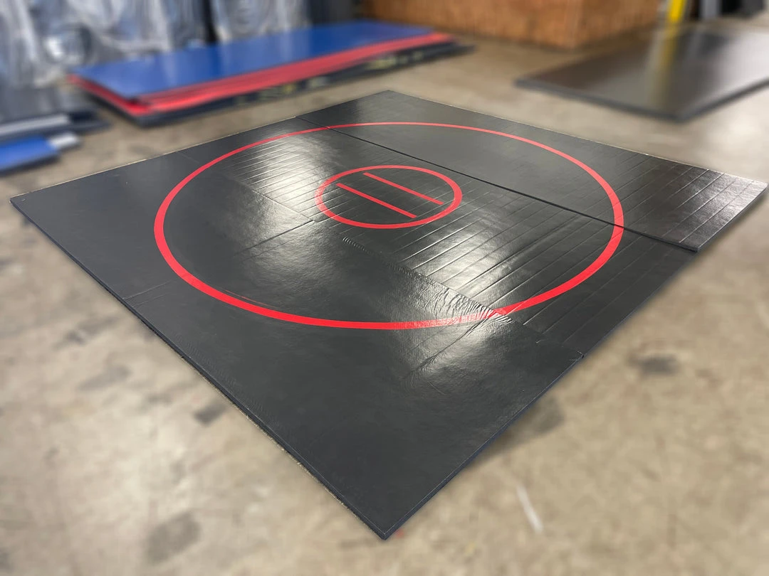 AK Athletic Clearance Wrestling Mat - 12' x 12' x 1 3/8" Roll-Up Mat, Black with Red Circles | Martial Arts Training Mat 1 AK Athletic Equipment Clearance Wrestling Mat 12' X 12' X 1 3/8" Roll-Up Mat Black With Red Circles