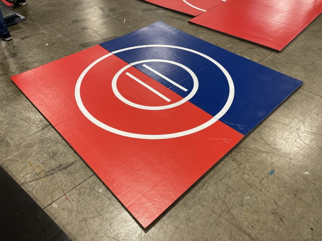 AK Athletic 8' X 8' Roll-Up Wrestling Mat - Red & Blue with White Circles | Martial Arts Clearance 1 AK Athletic Equipment Clearance 8' X 8' X 1 3/8" Roll-Up Wrestling Mat Red And Blue With White Circles