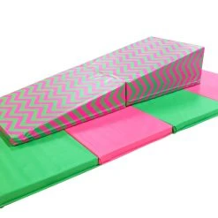 AK Athletic Equipment 4' X 8' X 2" Pink And Green Gymnastics Folding Mat And Pink Green Chevron Incline Combo Folding Mats