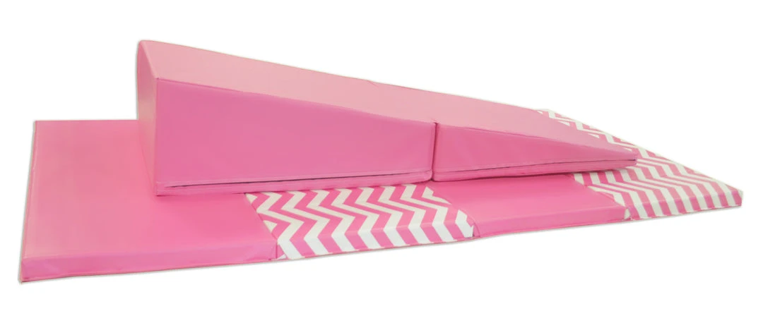 AK Athletic 4'x8'x2" Pink Chevron Gymnastics Folding Mat with Pink Incline Combo | Durable Folding Mats for Training 1 AK Athletic Equipment 4' X 8' X 2" Pink Chevron Gymnastics Folding Mat And Pink Incline Combo Folding Mats